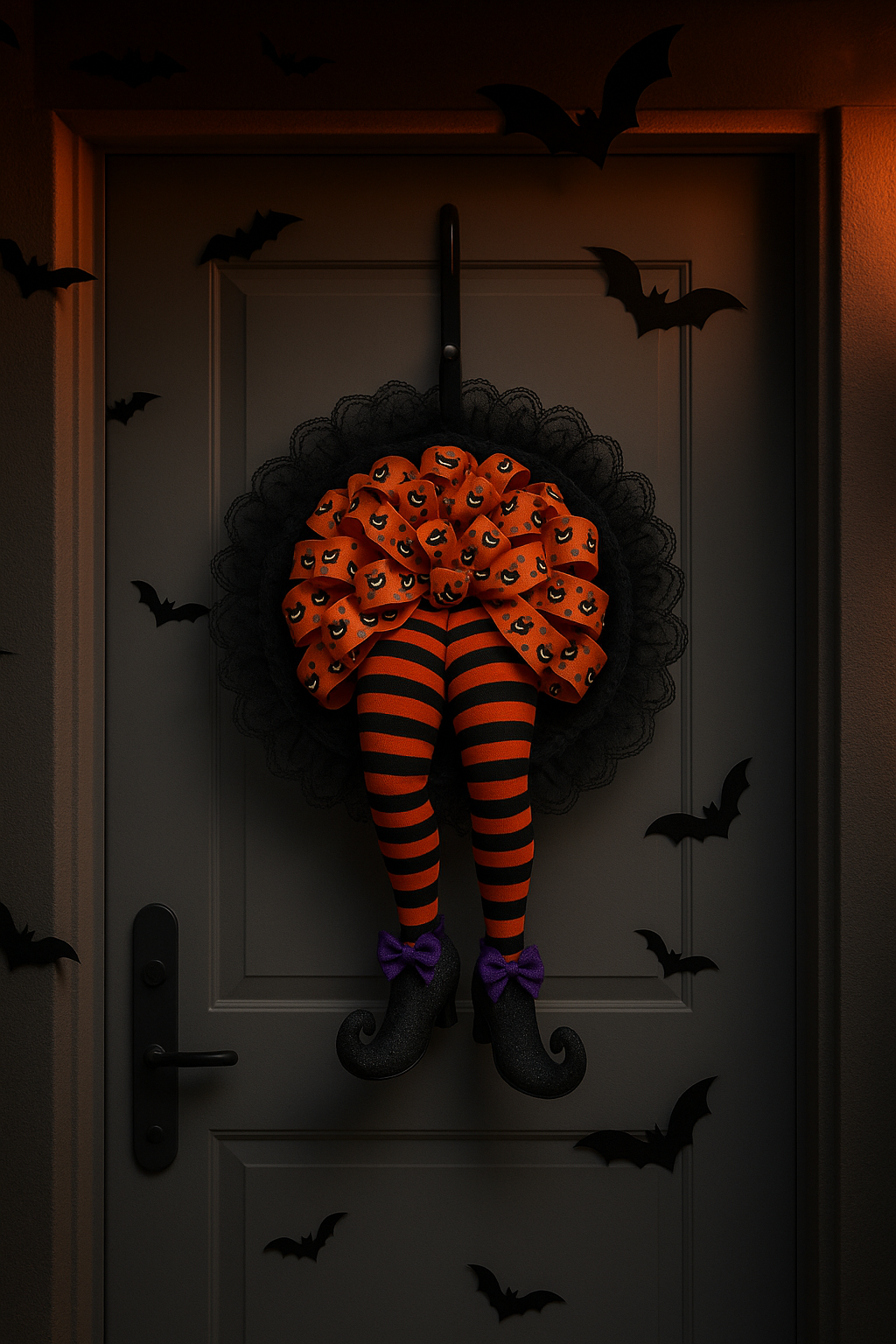 Halloween Witch Legs Door Wreath – Striped Clown Design with Ruffled Skirt