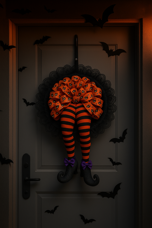 Halloween Witch Legs Door Wreath – Striped Clown Design with Ruffled Skirt
